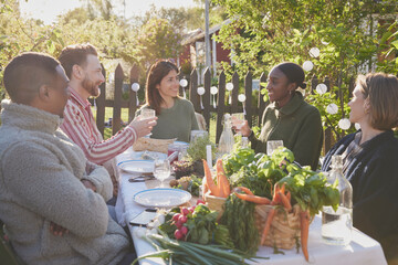 Friends having meal in garden