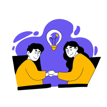 Vector Illustration Of People With Light Bulb. Creativity, Occupation, Laptop, Teamwork, Group, Collective, Company, Invention, Inovation, Idea, Thought. Creative Thinking Concept. Flat Drawing EPS10