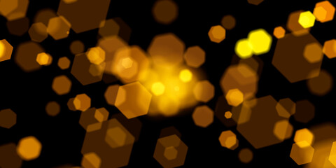 Lights bokeh abstract background. Blur gold glitter on black overlay surface. Party, xmas, holiday,...