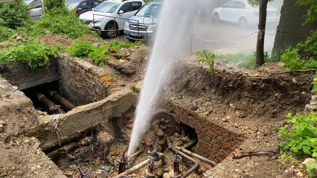 Water burst pipeline damage in Simferopol, Crimea, Russia.