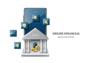 Fototapeta premium various icons about finance and banks Pop-up pops up on smartphone screen and there is bank in front for designing advertisements about online financial protection systems,vector 3d isolated 