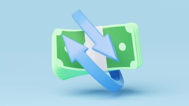 3d Arrow circle icon, bundles cash money float on blue background. Mobile banking, Online payment service. Cashback and refund. Transfer banknote arrows Currency exchange. 3d render with Alpha channel