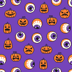 Halloween seamless pixel pattern. Vector background with funny cartoon pumpkins and eyes. 