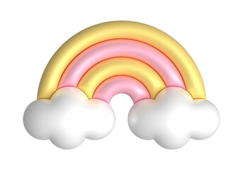 3D rainbow in pastel candy colors. 3d rainbows in candy pastel color yellow, pink. Cute plastic rainbow with clouds. 3d rendering spring illustration suitable for decoration of Birthday, product