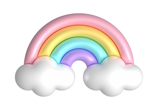 3D rainbow in pastel candy colors. 3d rainbows in candy pastel color purple, blue, yellow, pink. Cute plastic rainbow with clouds. 3d rendering spring illustration suitable for decoration of Birthday