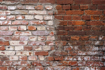 Old brick wall. Brickwork from an old brick in a rustic style. The structure and pattern of the destroyed stone wall. Copy space 