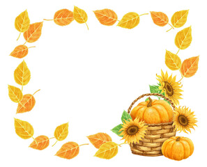 Autumn frame with pumpkin and sunflowers in basket and yellow leaves. Thanksgiving or Harvest Day card design with place for text or photo. Watercolor drawing.