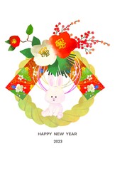 年賀状2023　うさぎとしめ縄のおしゃれな年賀状