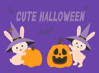 Set Cute Halloween. Funny rabbit in witch hat with pumpkin, spider and bunny with pumpkin Jack o lantern. Vector illustration. Festive Halloween bunny characters for design, print, greeting cards.