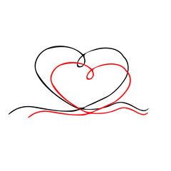 Heart in line art style. tenderness.. Contour work red background, black and white contour, hand drawing.Stylized decor. For your best decor, flyers, layouts, logos, printing