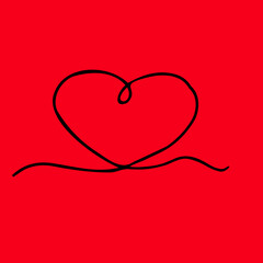 Heart in line art style. tenderness.. Contour work red background, black and white contour, hand drawing.Stylized decor. For your best decor, flyers, layouts, logos, printing