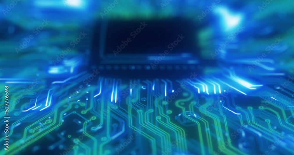 Fototapete Futuristic, cyber security and digital programming circuit board for software data, networking or big data code. Abstract zoom or visual texture of 3D light design pattern on cybersecurity background