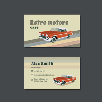 Business card template for retro cars company. Retro red car logo. Vector illustration. VIntage car logo.