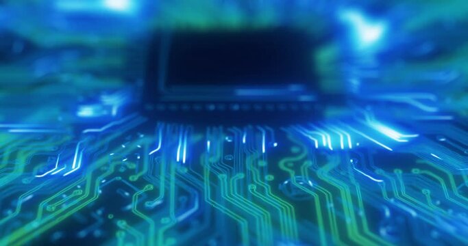 Futuristic, cyber security and digital programming circuit board for software data, networking or big data code. Abstract zoom or visual texture of 3D light design pattern on cybersecurity background