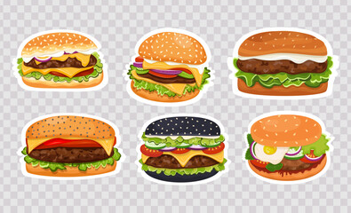 A collection of hamburgers. Vector. Graphics. Drawing of different hamburgers on transparent background.