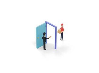 3d isometric order delivery illustration. Couriers deliver orders to the front of the house. 3d rendering illustration