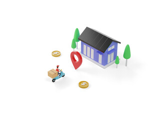3d isometric order delivery illustration. Couriers deliver orders to location. 3d rendering illustration