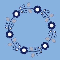 Blue White floral pattern as a round frame for printing on textiles, paper, packaging. Floral blue and white frame.