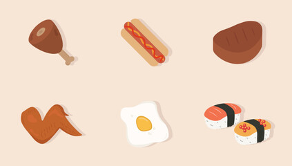 Fast food vector illustration food clipart set consists of fried chicken, fried egg, sausage, fish and meat.