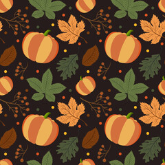 Autumn pattern seamless. Colorful bright foliage and pumpkins.