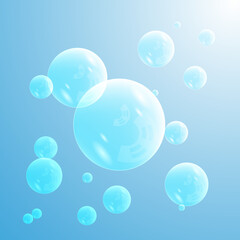 Vector Illustration of blue light transparent sponge or soap bubble. Big blue light transparent ball fills the area and small. Beautiful clear blue light bubbles. bg blue and white gradient.