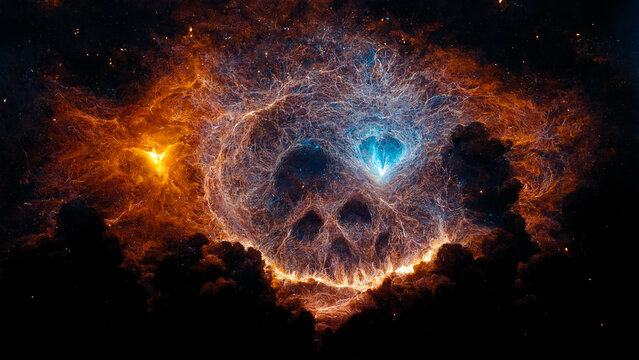 Pareidolia in a nebula and galaxy in the shape of a human skull or a demon, as if coming out of hell, artist's view of space and the cosmos
