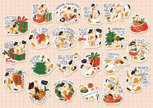 22 stickers with funny Christmas cat. Humorous quotes. Prints with cat preparing to new year. Greeting card for holiday party. Poster, print. Flat style in vector illustration. A4 format. - Powered by Adobe