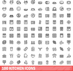 100 kitchen icons set. Outline illustration of 100 kitchen icons vector set isolated on white background