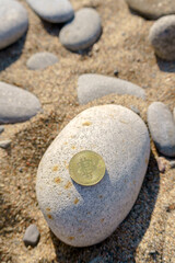 Fototapeta na wymiar Golden bitcoin coin in natural stones. New financial system.