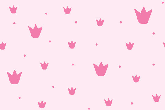 Seamless Pattern With Doodle Crowns. Romantic Cute Baby Print. Little Princess Design. Pink Wallpaper For Baby Girl. Pink Background.
