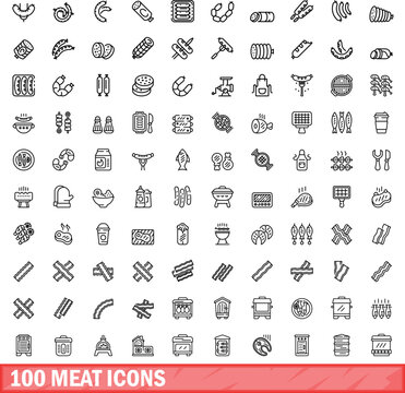 100 meat icons set. Outline illustration of 100 meat icons vector set isolated on white background