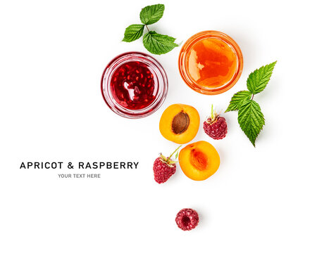 Homemade apricot and raspberry jam creative layout.