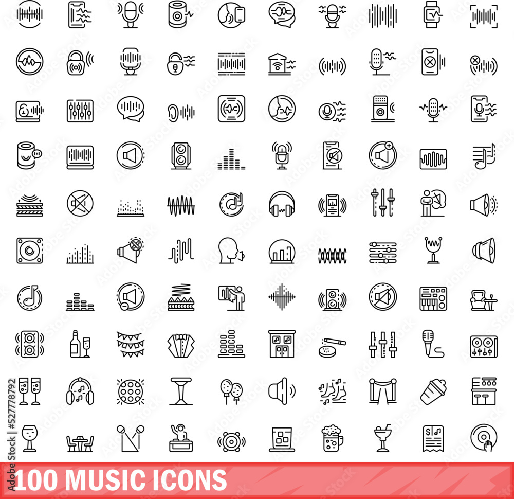 Wall mural 100 music icons set. Outline illustration of 100 music icons vector set isolated on white background - Wall murals