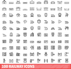 100 railway icons set. Outline illustration of 100 railway icons vector set isolated on white background