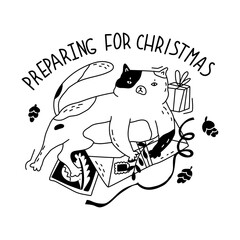 Cute little kitty lies on New Year's letters and postcards. New year sticker with funny cat. Greeting card for holiday party. Flat style in vector illustration. Isolated on white background.