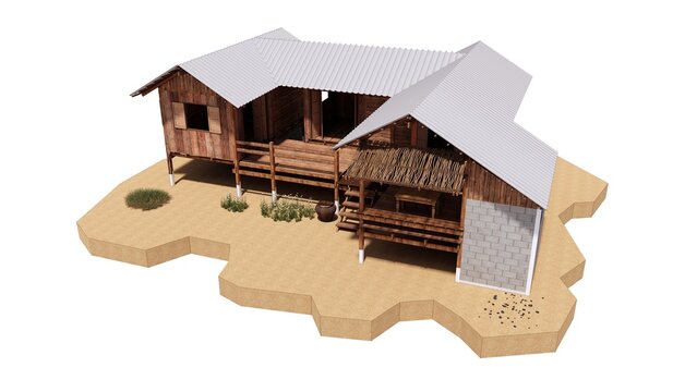 wood house 3 bedroom, 2 restroom. local house make from wooden. amazing of nature architecture.The tiny house for architecture, 3d rendering. sketchup design 08