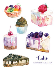 Watercolor painting of cake collection. 