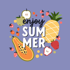 Summer fruits card background design. Exotic tropical fruity backdrop with mix of healthy vitamin food, sweet berries, fresh pineapple, papaya, apple, strawberry. Modern flat vector illustration