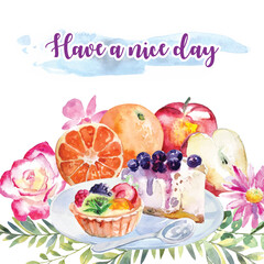 Watercolor painting of blueberry cheesecake and fruit tart decorated with various fruits and flowers. 