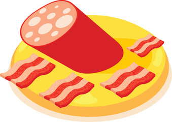 Meat pizza icon isometric vector. Pizza with sausage and bacon on wooden plate. Italian cuisine, hearty meal, homemade food