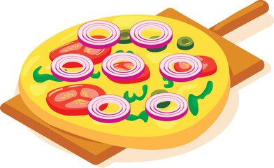 Vegetarian pizza icon isometric vector. Fresh pizza with vegetable on wood board. Italian cuisine, homemade food, hearty meal