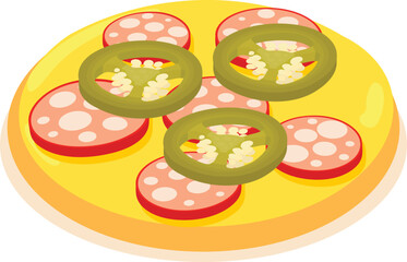 Pepperoni pizza icon isometric vector. Fresh pizza with sausage on wooden plate. Italian cuisine, homemade food, hearty meal