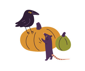 Halloween holiday pumpkins, raven and mouse. Cute funny and creepy animal characters and orange squashes for Helloween October party. Childish flat vector illustration isolated on white background