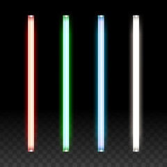 Set of red, green, blue, white, neon tube on transparent background. Vector illustration