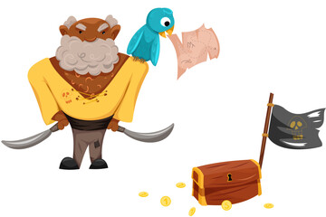 Vector gloomy cartoon pirate with a beard in a yellow shirt and gray torn pants holds daggers in his hands. On his shoulder sits a blue parrot holding a treasure map in its beak.