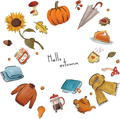 Hello autumn design elements handmade vector style - obrazy, fototapety, plakaty
