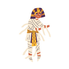 Boy dressed in pharaoh costume for Halloween holiday party. Child character walking, disguised in spooky creepy Egypt undead mummy. Childish flat vector illustration isolated on white background