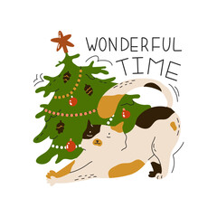 Cute little kitty stretching by the Christmas tree. New year sticker with funny cat. Greeting card for holiday party. Flat style in vector illustration. Isolated on white background.