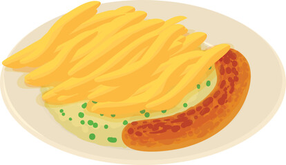 Belgian breakfast icon isometric vector. Fried sausage and fries on white plate. Belgian traditional cuisine, national dish, stoemp
