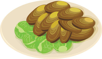 Restaurant dish icon isometric vector. Brussel sprout and mussel on white plate. Belgian traditional cuisine, national dish